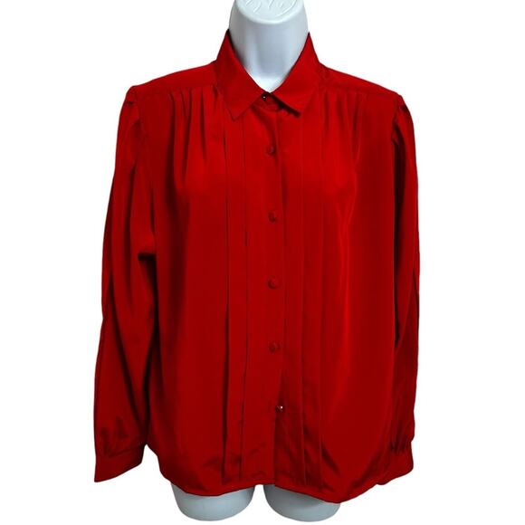 Vintage Chaus Red Button Front Blouse Sz Large Petite Long-Sleeve Top Pleated - Picture 6 of 6